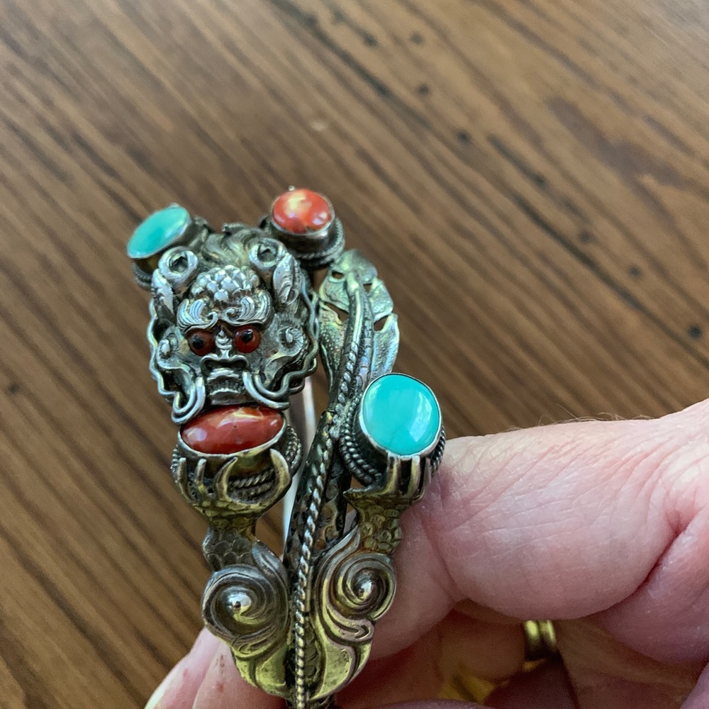 Silver plated, coral and turquoise dragon bracelet. Very detailed. Vintage
